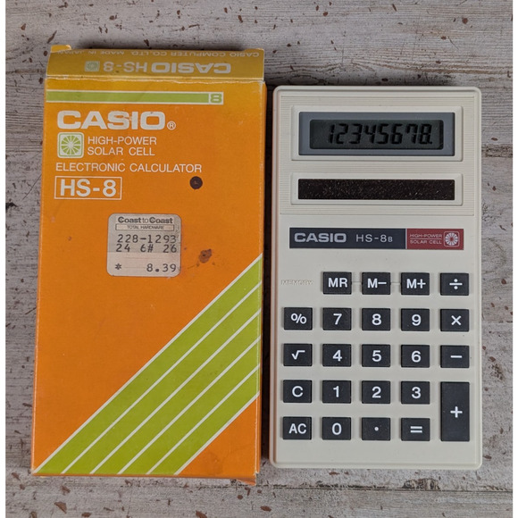 Casio HS-8B Solar Electronic Calculator - Beige - w Box - Vintage - Picture 1 of 9